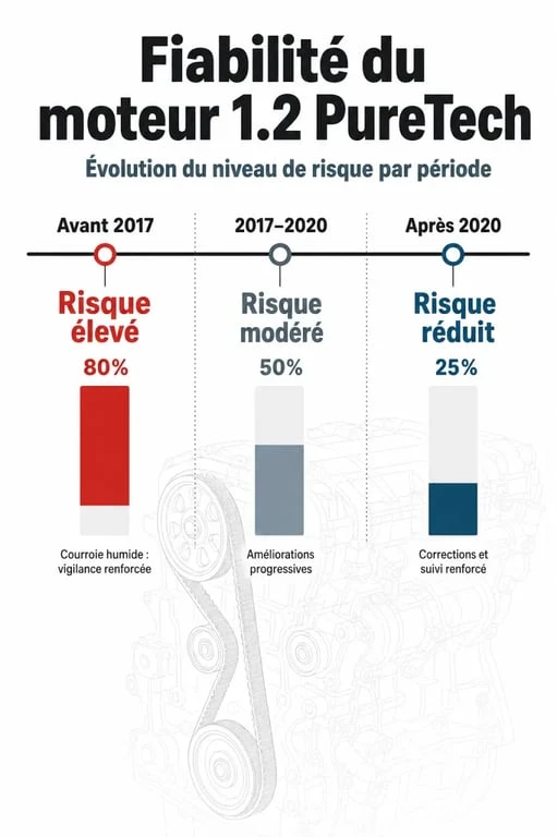 Infographie sur l'évolution de la fiabilité des moteurs PureTech selon les années de production pour aider à l'achat d'une voiture PureTech d'occasion.
