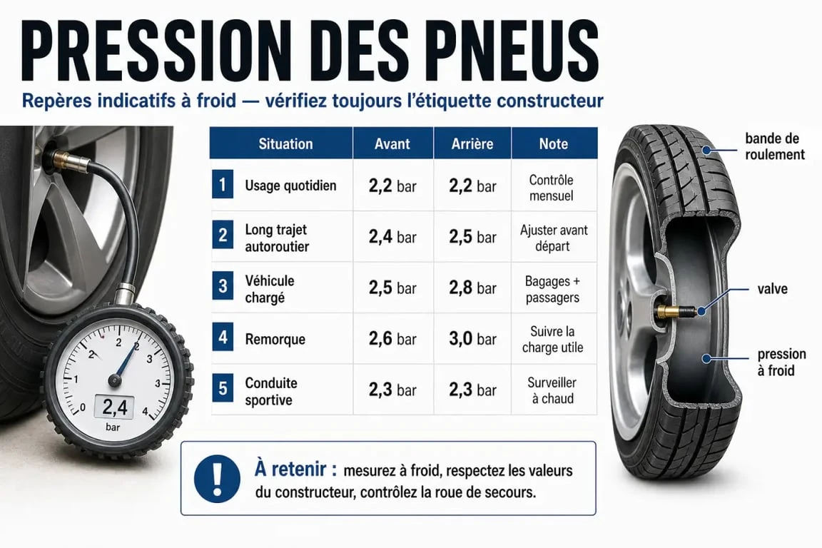 Tableau pression pneu voiture illustré avec repères de gonflage selon l'usage