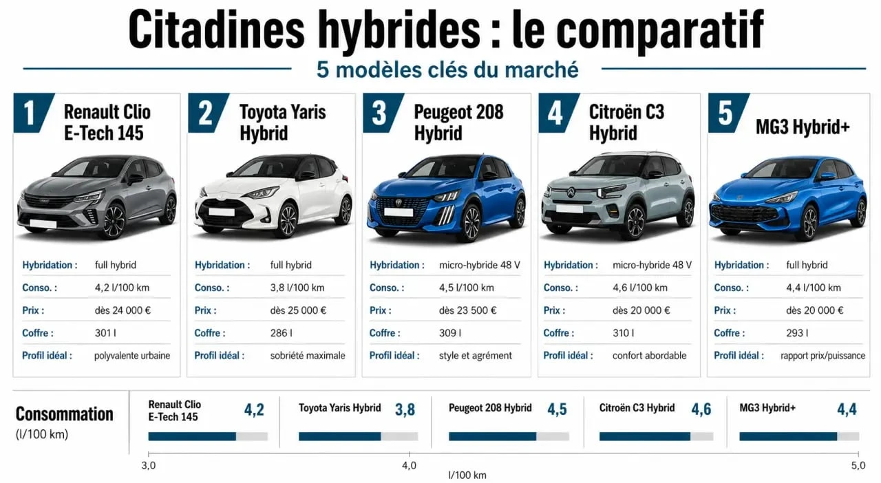 Comparatif du meilleur citadine hybride avec les modèles Renault Clio E-Tech, Toyota Yaris Hybrid et autres alternatives