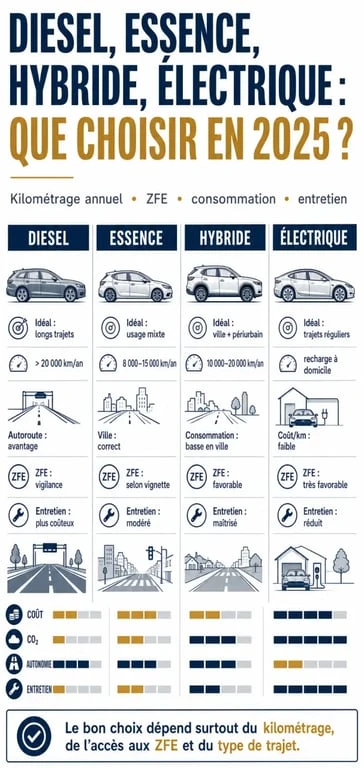 Diesel ou essence en 2025 : comparatif visuel des motorisations