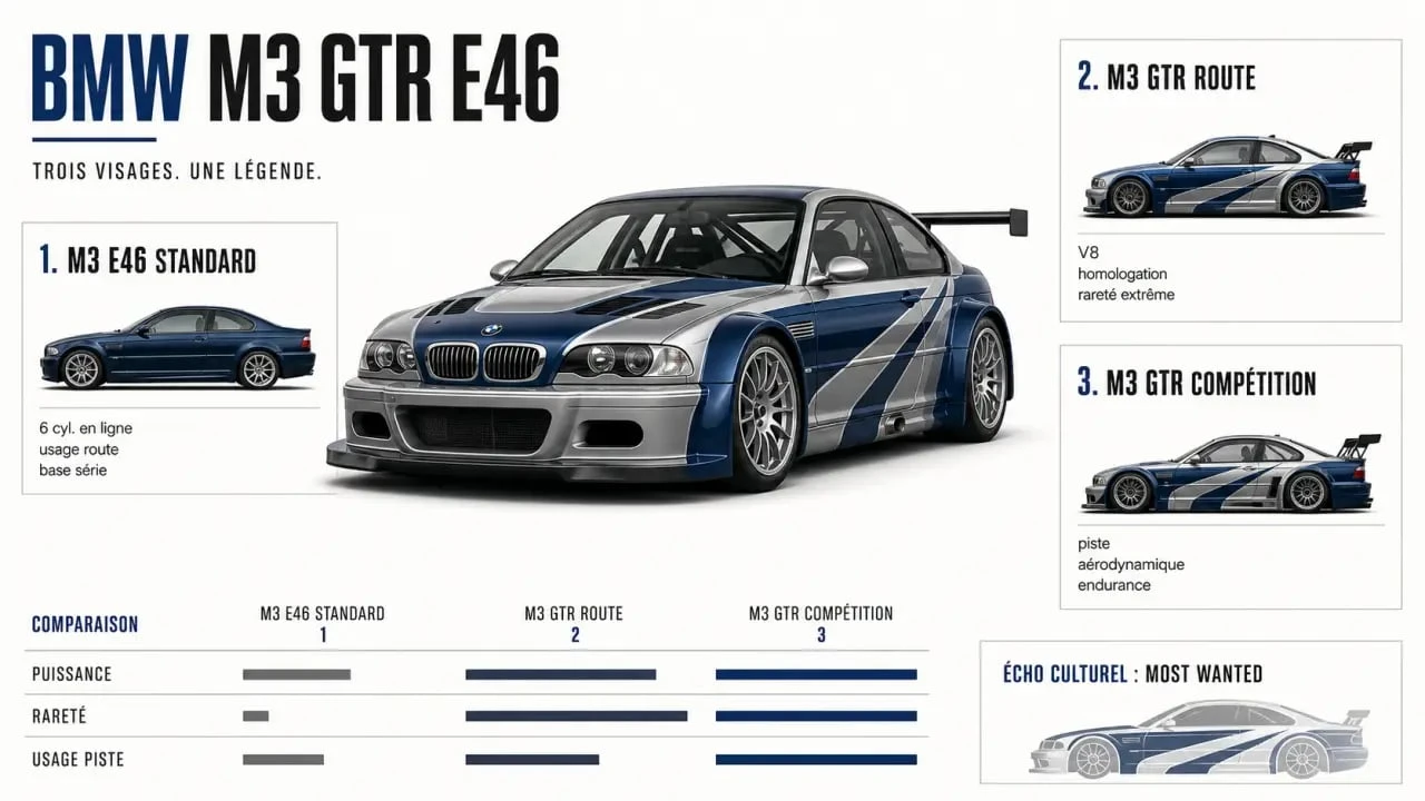BMW M3 GTR, comparaison visuelle entre version route, version compétition et livrée Need for Speed Most Wanted