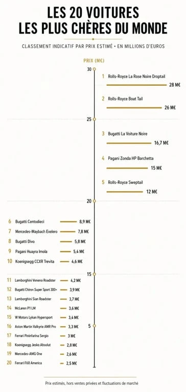 Infographie comparative des 20 voitures les plus chères du monde et leurs prix records