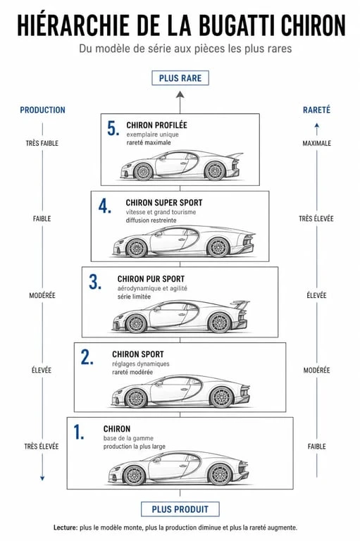 Hiérarchie des prix et rareté des modèles de Bugatti Chiron pour comprendre le marché de la supercar