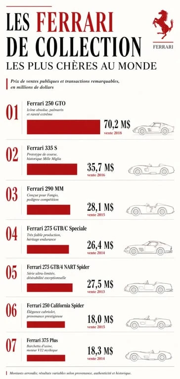 Ferrarie la plus chere : comparaison visuelle des Ferrari de collection les plus chères et de leurs prix de vente