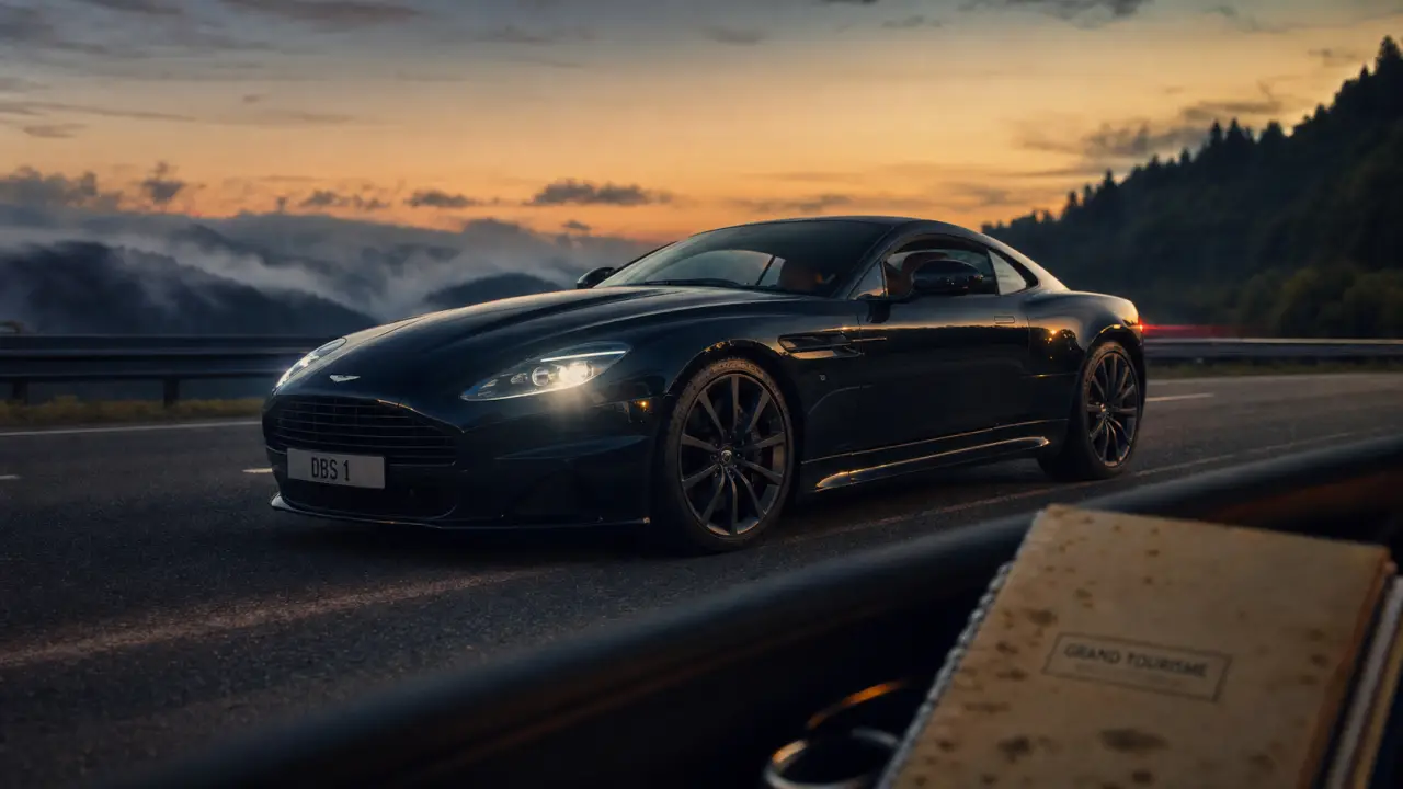 GT voiture grand tourisme au crépuscule, photo cinématique