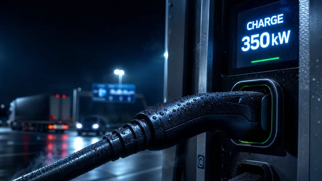 Recharge ultra-rapide voiture électrique 350 kW, câble DC sur borne 800V/1000V