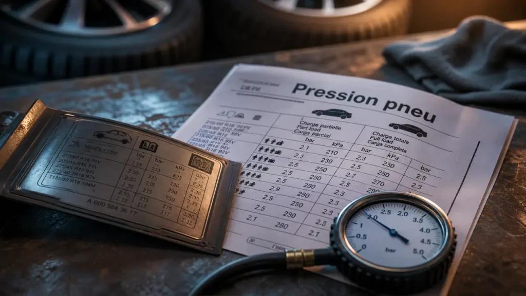 Tableau pression pneu voiture : sous-gonflage, sur-gonflage, charge, manomètre