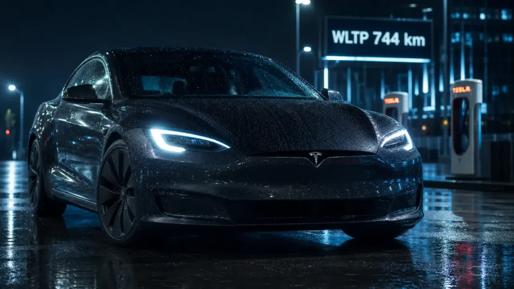 Tesla Model S 2025, WLTP 744 km sur route mouillée de nuit