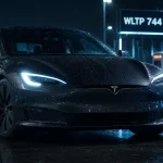 Tesla Model S 2025, WLTP 744 km sur route mouillée de nuit