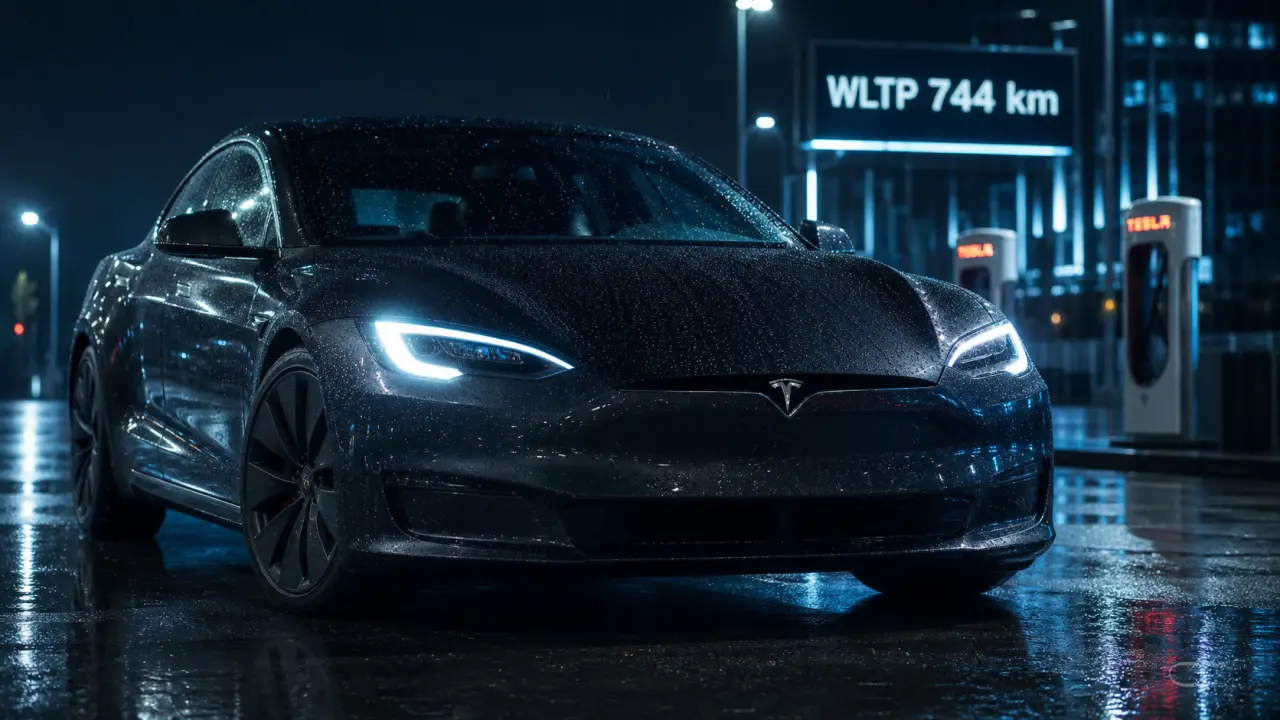 Tesla Model S 2025, WLTP 744 km sur route mouillée de nuit