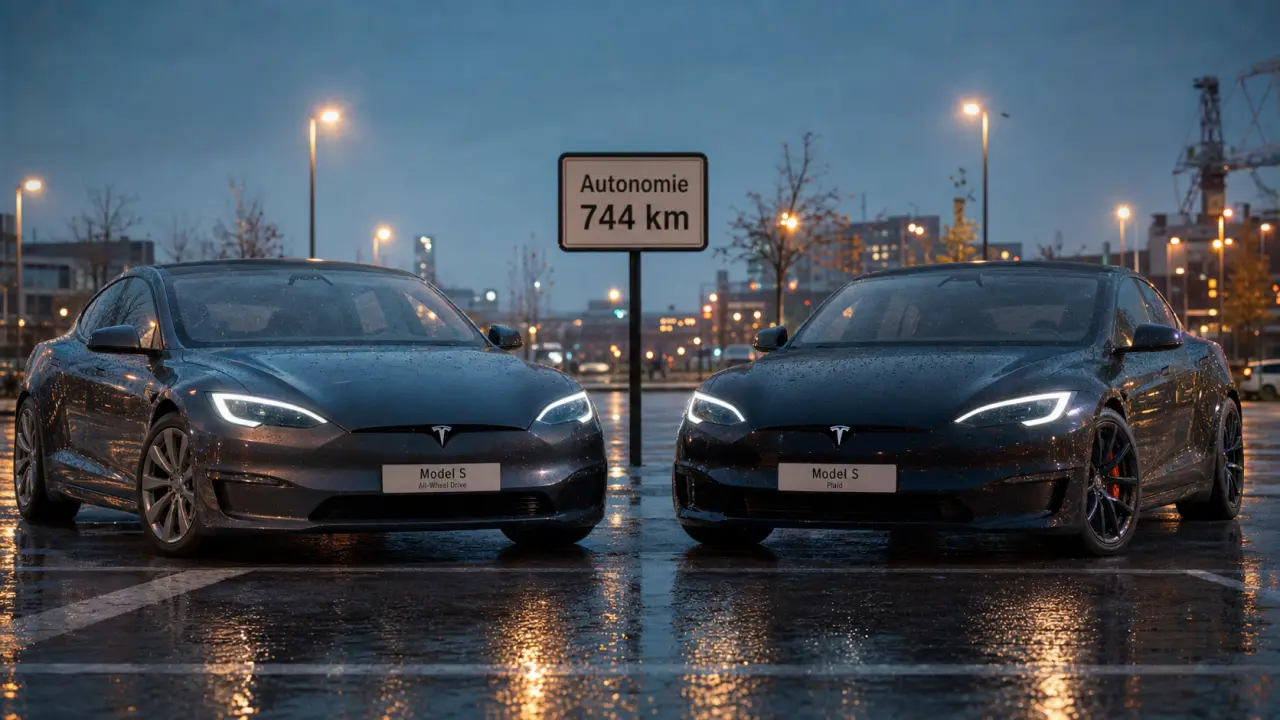 Tesla Model S 2025 : 744 km WLTP et Plaid 2,1 s sur parking humide au crépuscule