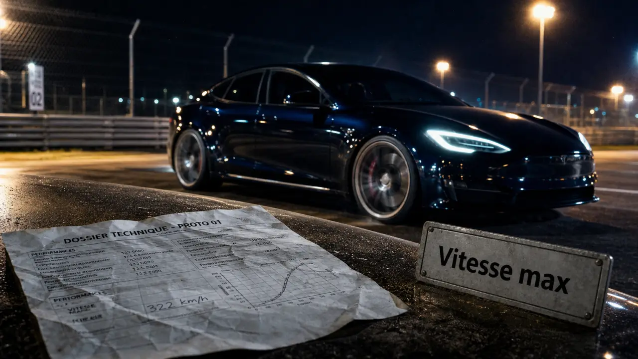 Vitesse max Tesla Model S Plaid sur piste nocturne