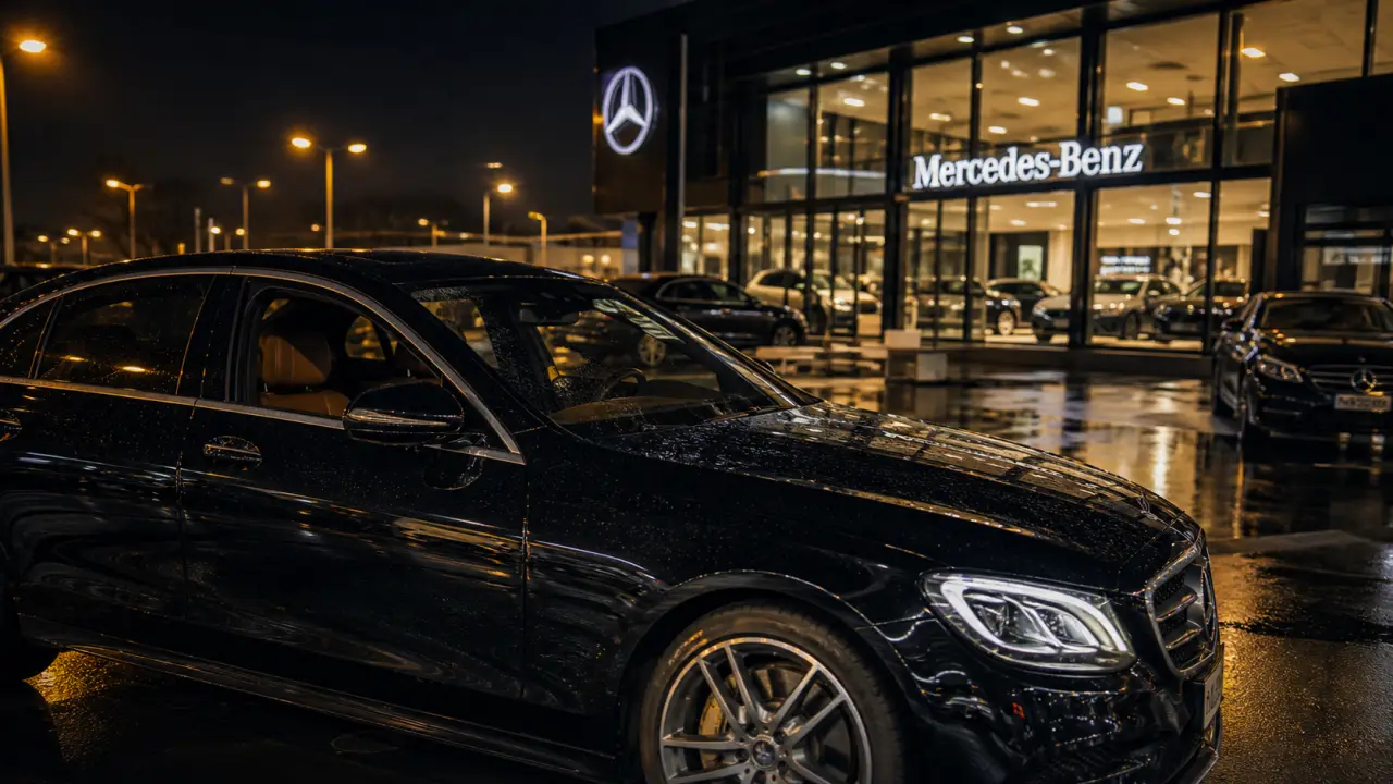 bpm cars mercedes benz orléans, concession Mercedes à Fleury-les-Aubrais, berline noire sur sol mouillé