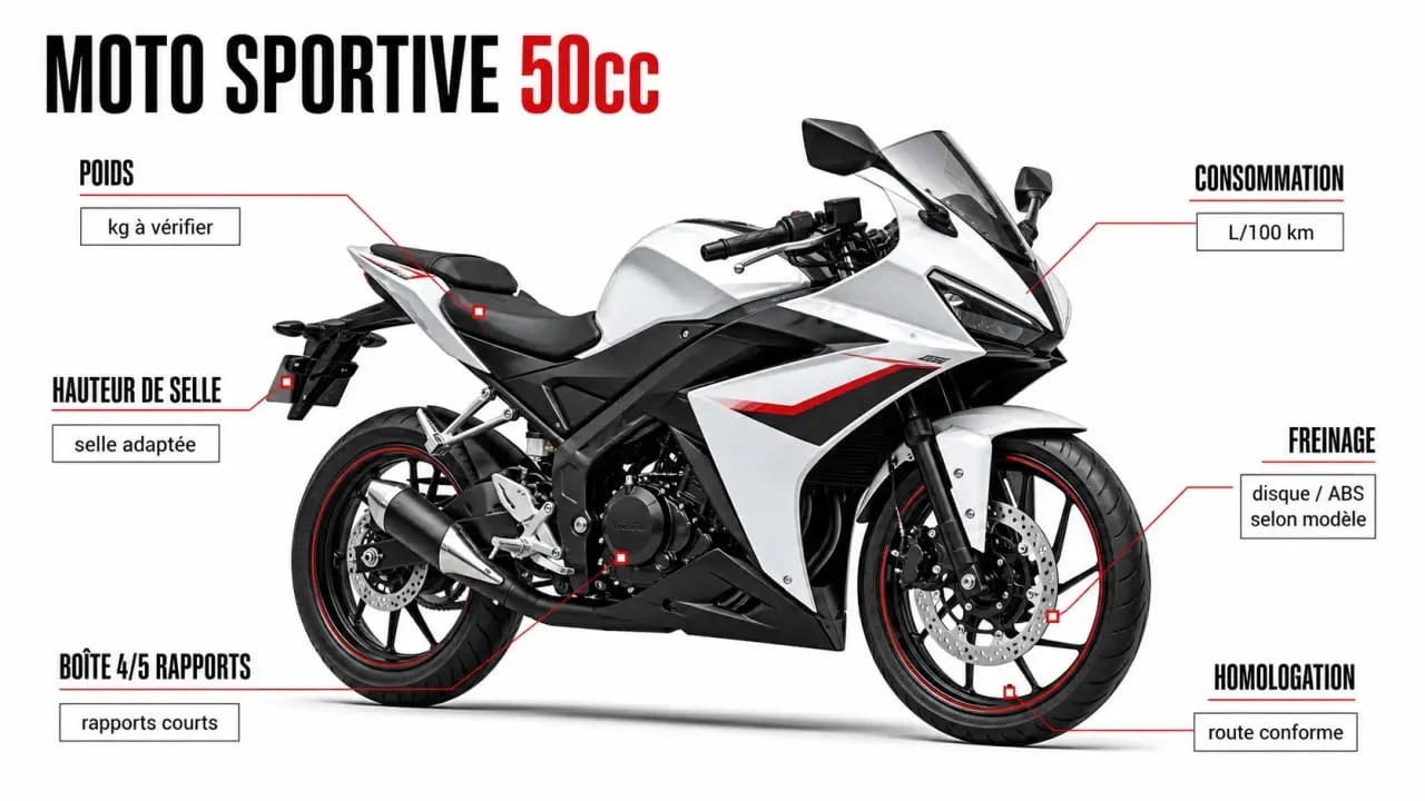 Moto sportive 50cc en contexte urbain avec critères techniques de choix
