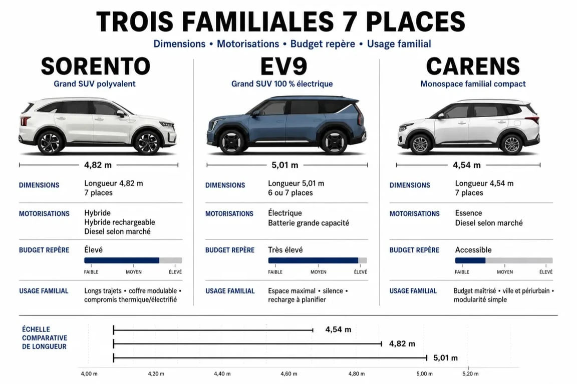 Comparatif Kia familiale 7 places entre Sorento, EV9 et Carens, avec budgets, motorisations et usages