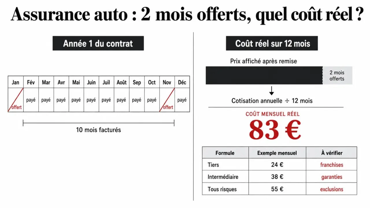 Assurance auto pas cher 2 mois offert : visuel comparant la promo, le coût réel et les formules d’assurance