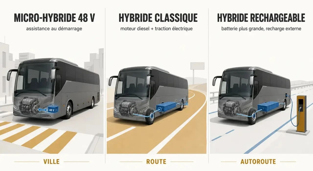 Hybride diesel : comparaison visuelle des architectures micro-hybride 48V, hybride classique et hybride rechargeable