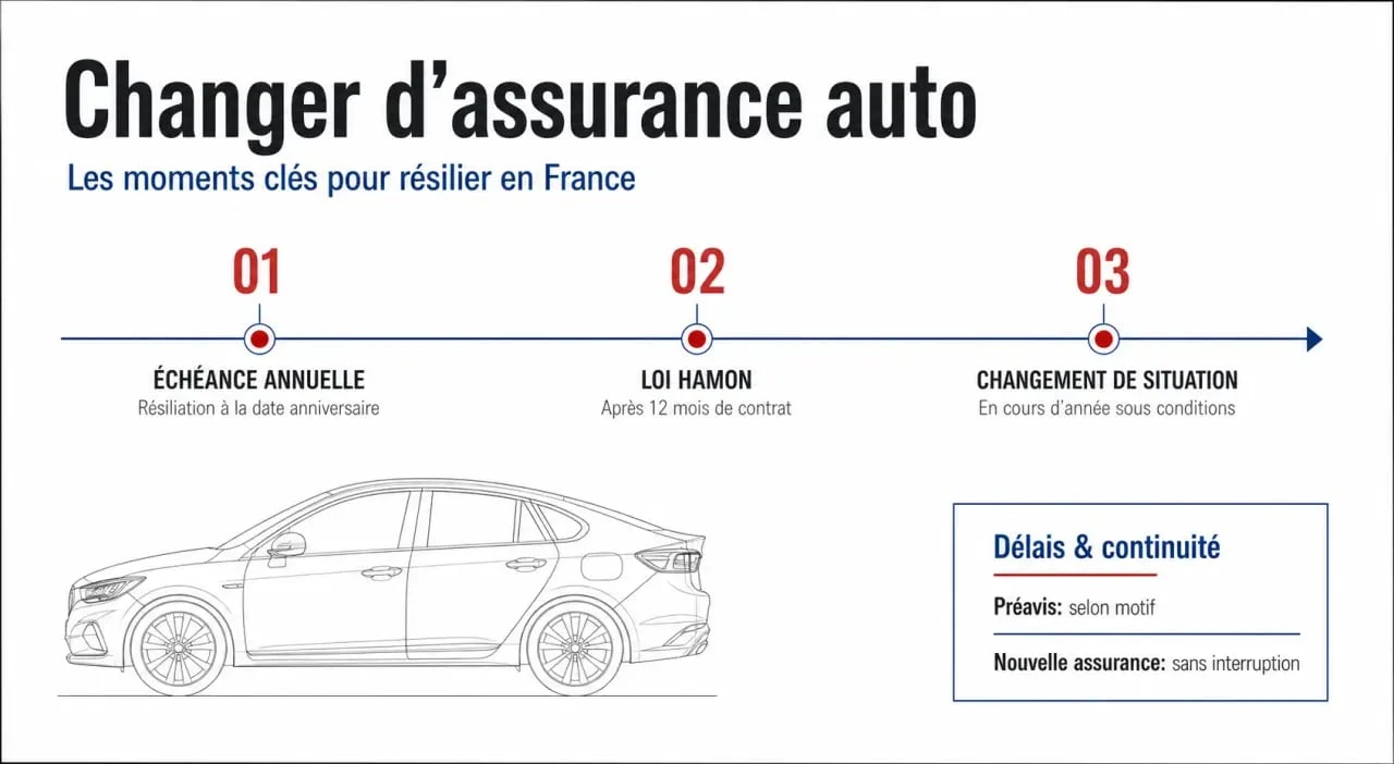 Assurance auto changement : schéma des délais de résiliation, loi Hamon et démarches à respecter