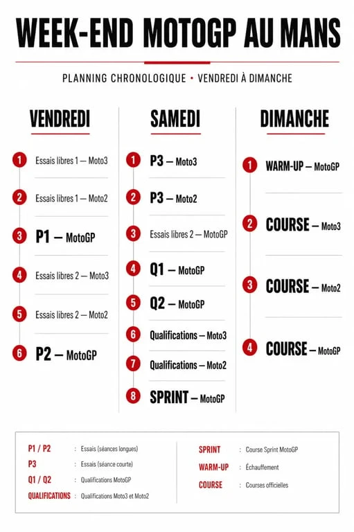 Essai moto gp le mans : planning éditorial du week-end avec essais, qualifications, sprint et courses