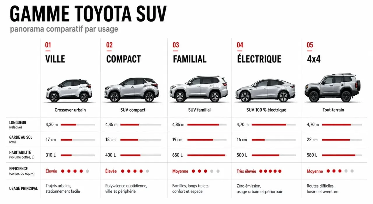 Gamme toyota suv présentée en panorama comparatif des modèles urbains, compacts, familiaux et électriques