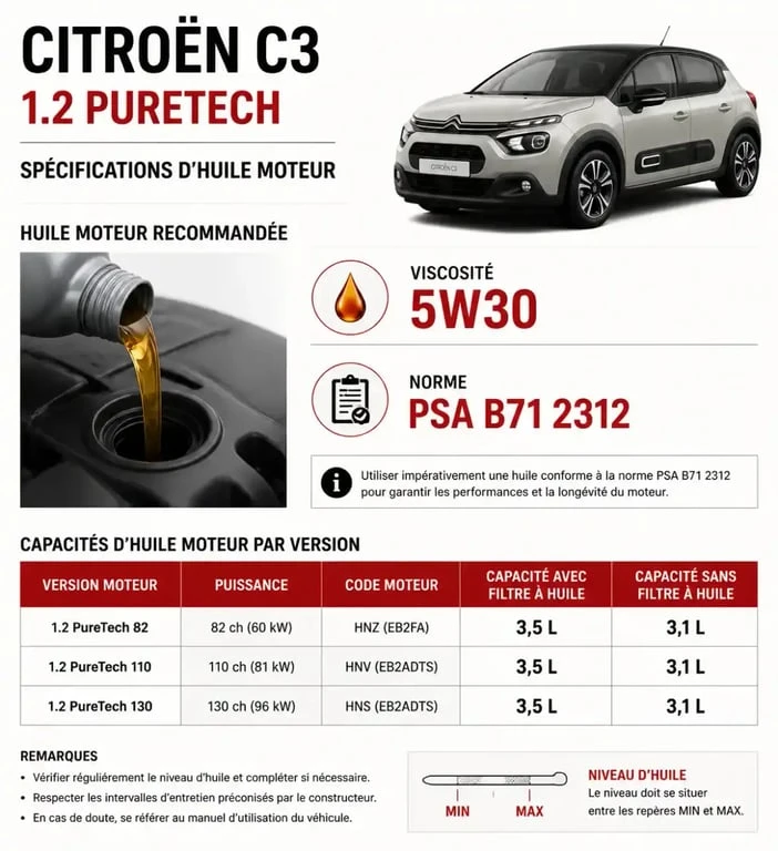 Infographie des spécifications d'huile moteur pour Citroën C3 1.2 PureTech : viscosité, norme PSA et capacités de vidange.