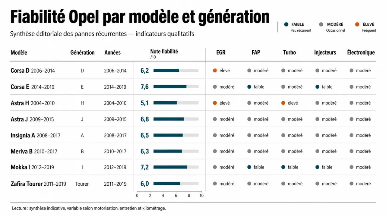 Opel fiabilité : tableau comparatif des modèles, générations et pannes récurrentes