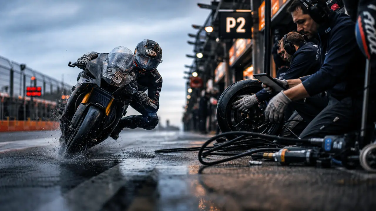 Essai GP Moto : chrono vendredi P2 sur circuit MotoGP, pilote freine devant caméra.