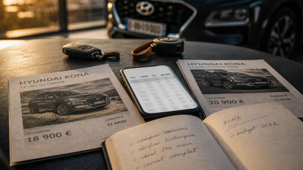 Hyundai Kona d’occasion : comparer l’année, le kilométrage et la garantie avant d’acheter