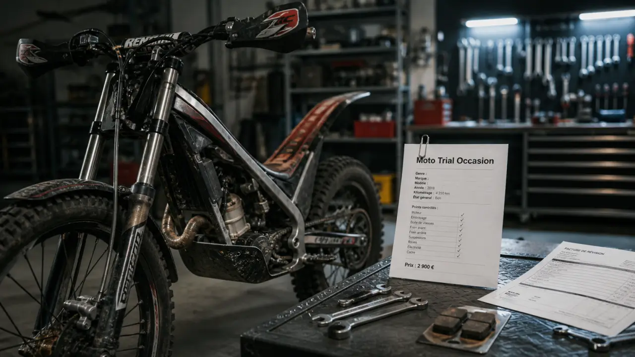 Moto trial occasion en garage, contrôles et vérifications avant achat