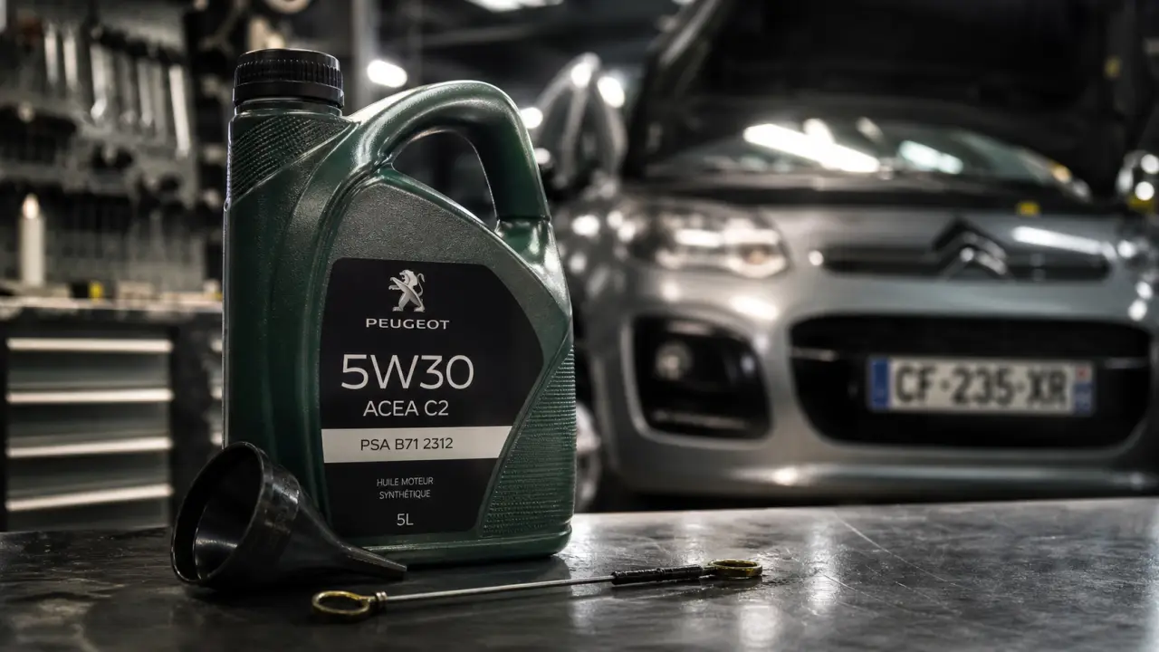 Quelle huile moteur Citroën C3 essence 1.2 PureTech 5W30 PSA B71 2312 ACEA C2, bidon d’huile moteur en garage