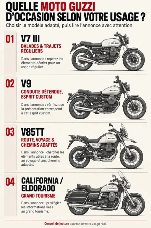 Infographie pour choisir une Moto Guzzi d'occasion selon le modèle et l'usage