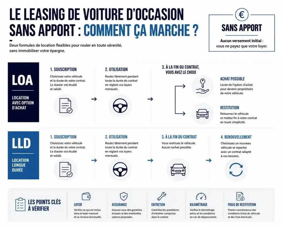 Leasing voiture occasion sans apport : schéma comparatif du fonctionnement de la LOA et de la LLD