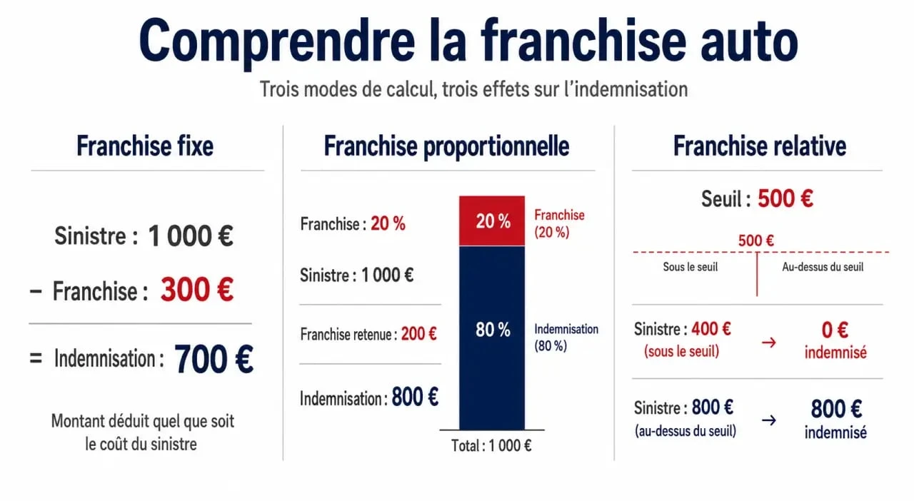 Franchise assurance auto : comparaison visuelle des franchises fixe, proportionnelle et relative