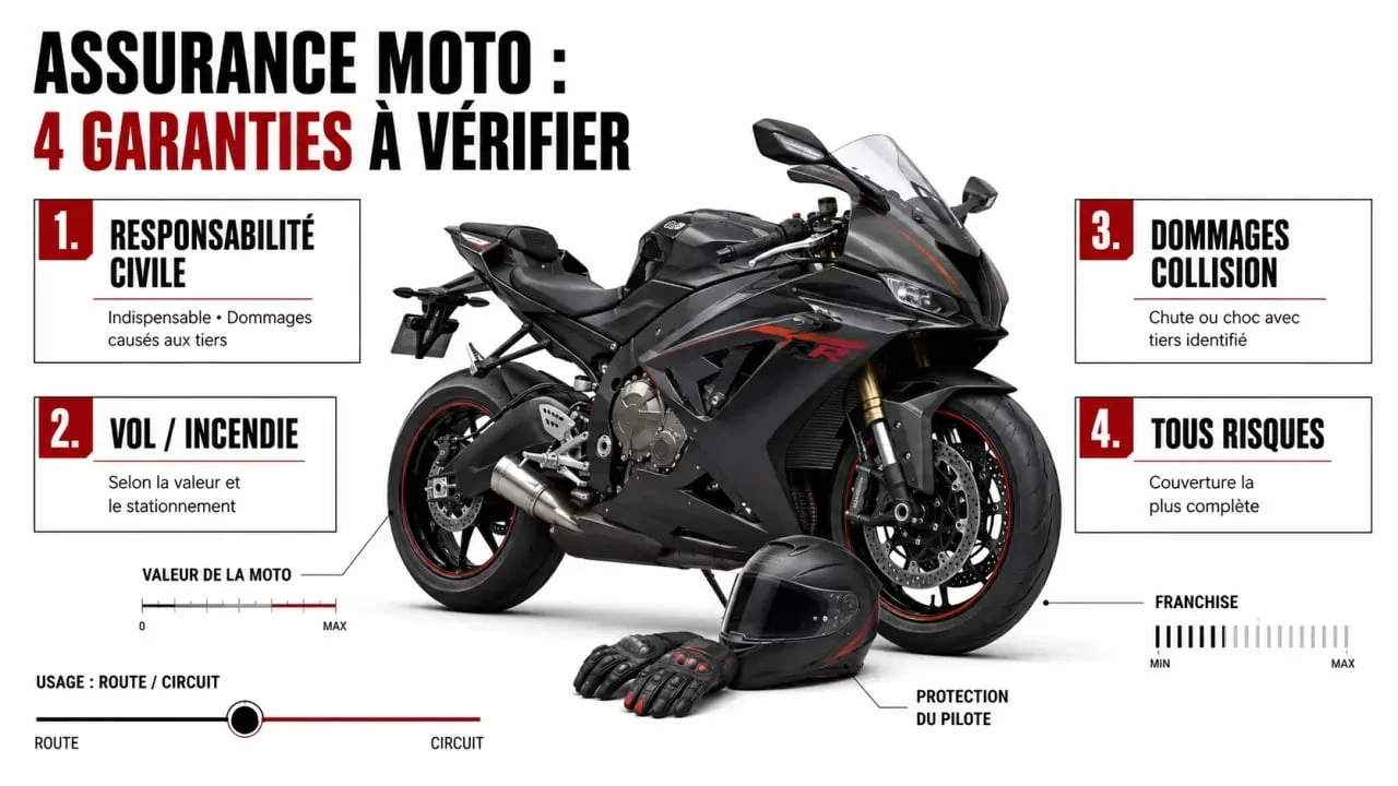 Assurance moto sportive : visuel comparatif des formules et garanties à vérifier