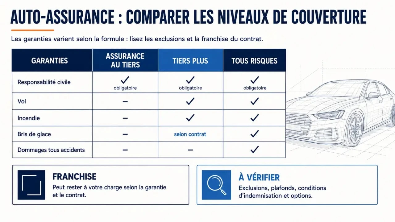 Infographie d'auto assurance comparatif entre les formules au tiers, tiers plus et tous risques