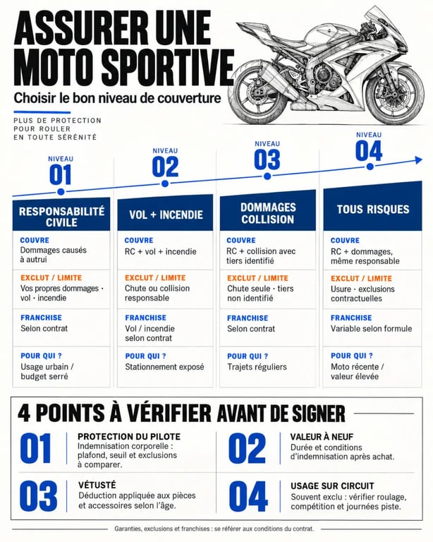 Bien assurer sa moto sportive : niveaux de garanties, franchises et protection du pilote